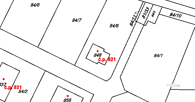 Dobroměřice 521 na parcele st. 846 v KÚ Dobroměřice, Katastrální mapa