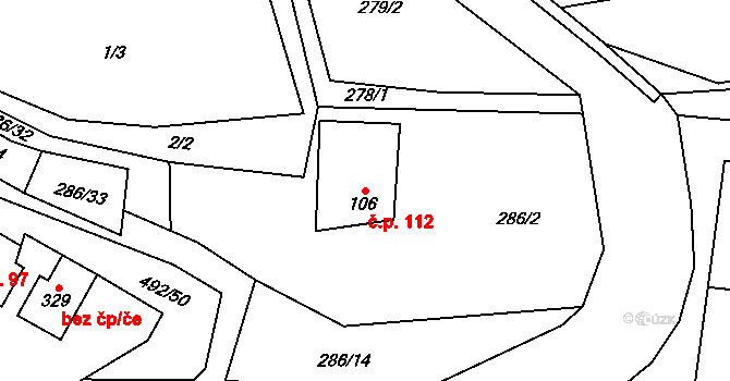 Šlapanov 112 na parcele st. 106 v KÚ Šlapanov, Katastrální mapa