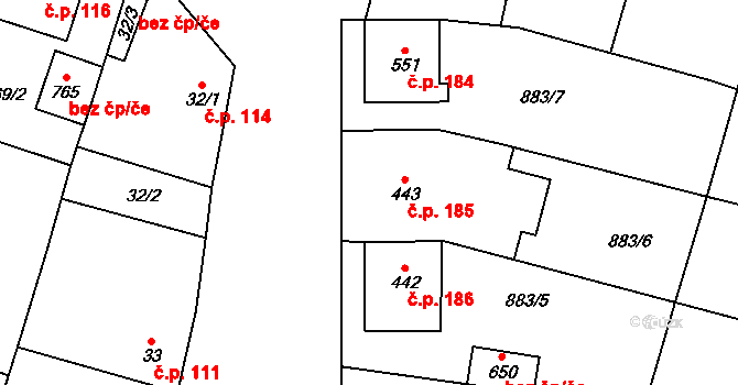 Strachotín 185 na parcele st. 443 v KÚ Strachotín, Katastrální mapa