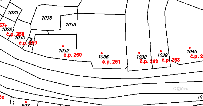 Miroslav 261 na parcele st. 1036 v KÚ Miroslav, Katastrální mapa