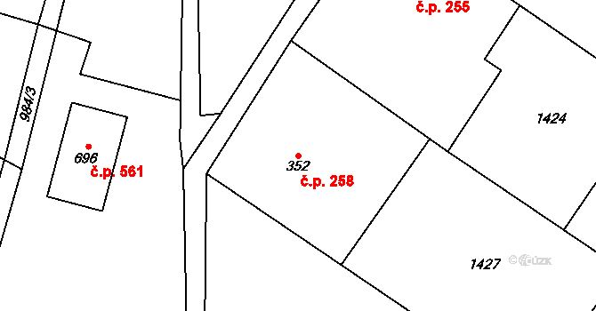 Nebory 258, Třinec na parcele st. 352 v KÚ Nebory, Katastrální mapa