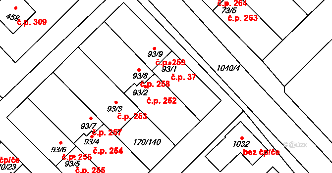 Brandýsek 37 na parcele st. 93/1 v KÚ Brandýsek, Katastrální mapa