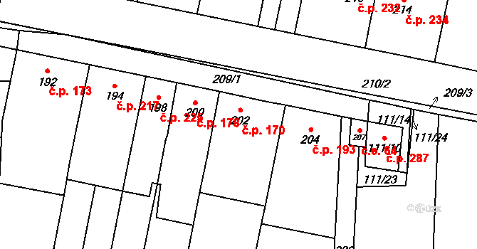 Kobylnice 170 na parcele st. 202 v KÚ Kobylnice u Brna, Katastrální mapa
