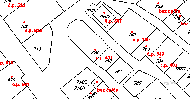 Hovorany 411 na parcele st. 758 v KÚ Hovorany, Katastrální mapa