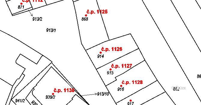 Rousínov 1126 na parcele st. 914 v KÚ Rousínov u Vyškova, Katastrální mapa