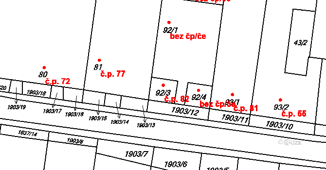Břilice 82, Třeboň na parcele st. 92/3 v KÚ Břilice, Katastrální mapa