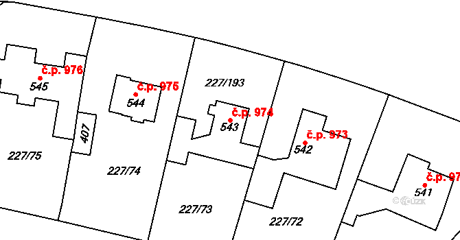 Švermov 974, Kladno na parcele st. 543 v KÚ Hnidousy, Katastrální mapa