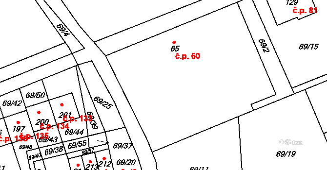 Horní Stakory 60, Kosmonosy na parcele st. 65 v KÚ Horní Stakory, Katastrální mapa