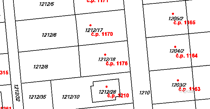 Hulín 1176 na parcele st. 1212/18 v KÚ Hulín, Katastrální mapa