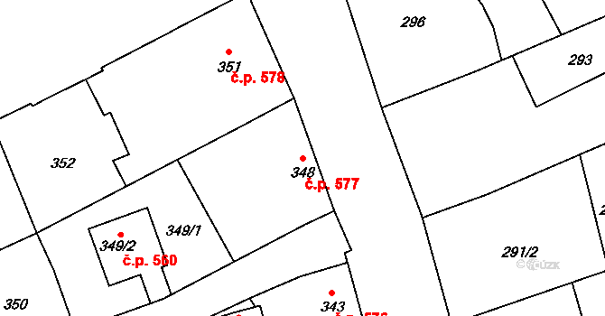 Bolelouc 577, Dub nad Moravou na parcele st. 348 v KÚ Dub nad Moravou, Katastrální mapa