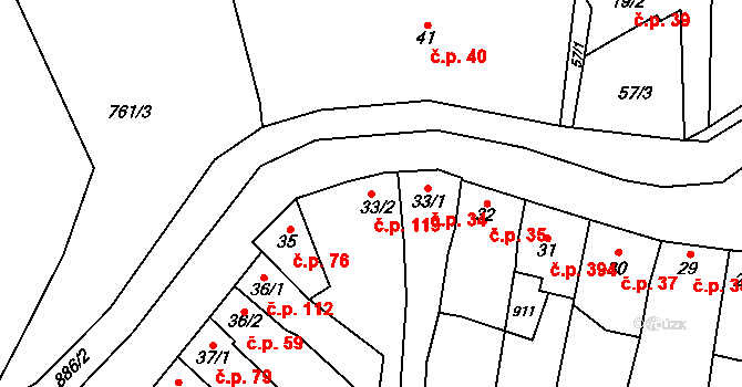 Slatinice 119 na parcele st. 33/2 v KÚ Slatinice na Hané, Katastrální mapa