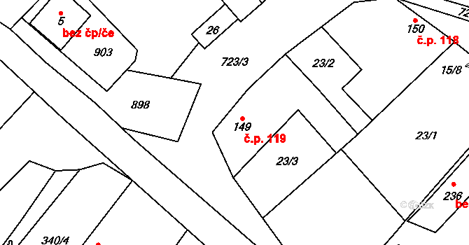 Střelice 119, Uničov na parcele st. 149 v KÚ Střelice u Litovle, Katastrální mapa