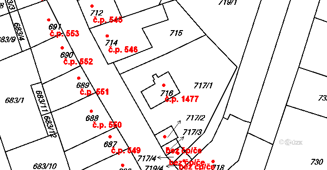 Roudnice nad Labem 1477 na parcele st. 716 v KÚ Roudnice nad Labem, Katastrální mapa