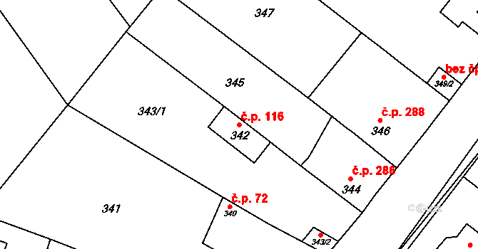 Milovice 116 na parcele st. 342 v KÚ Milovice nad Labem, Katastrální mapa