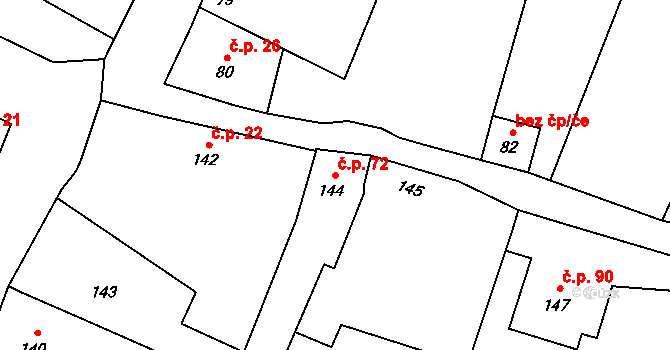 Tři Dvory 72, Litovel na parcele st. 144 v KÚ Tři Dvory u Litovle, Katastrální mapa