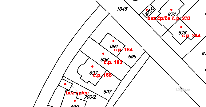 Hodkovičky 183, Praha na parcele st. 696 v KÚ Hodkovičky, Katastrální mapa