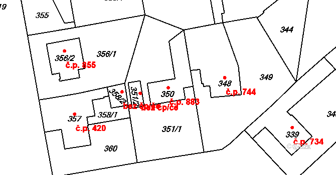 Kbely 883, Praha na parcele st. 350 v KÚ Kbely, Katastrální mapa