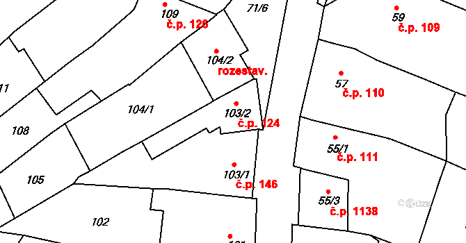 Mutěnice 124 na parcele st. 103/2 v KÚ Mutěnice, Katastrální mapa