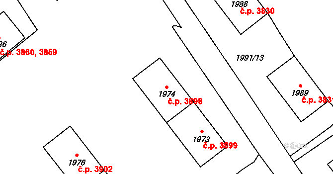 Chomutov 3898 na parcele st. 1974 v KÚ Chomutov I, Katastrální mapa