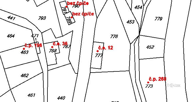 Hodkovice nad Mohelkou 12 na parcele st. 777 v KÚ Hodkovice nad Mohelkou, Katastrální mapa