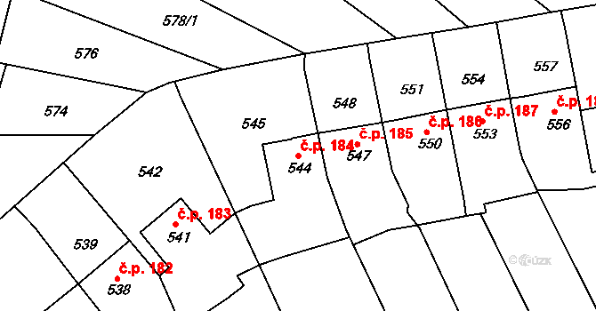 Řícmanice 184 na parcele st. 544 v KÚ Řícmanice, Katastrální mapa