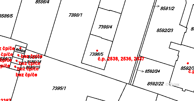 Jižní Předměstí 2536,2537,2538, Plzeň na parcele st. 7398/5 v KÚ Plzeň, Katastrální mapa