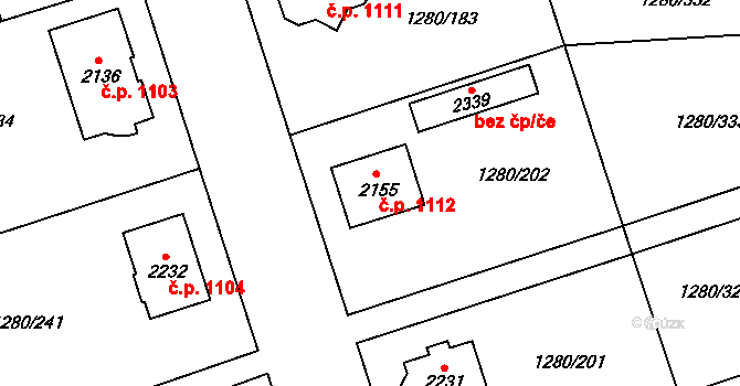 Dobřany 1112 na parcele st. 2155 v KÚ Dobřany, Katastrální mapa