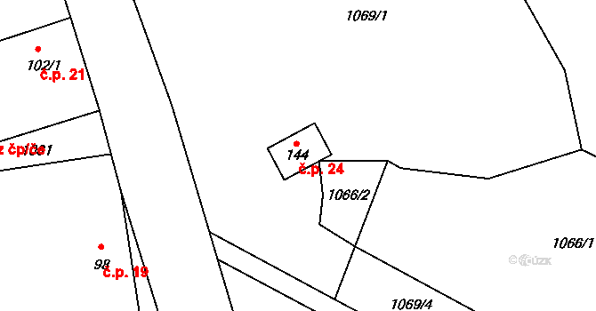 Chotětice 24, Sedlec-Prčice na parcele st. 144 v KÚ Divišovice, Katastrální mapa