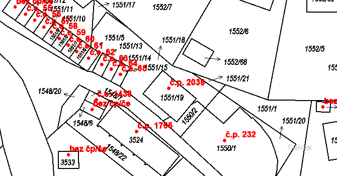Pelhřimov 2038 na parcele st. 1551/19 v KÚ Pelhřimov, Katastrální mapa
