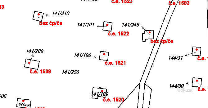 Červený Hrádek 1521, Jirkov na parcele st. 141/190 v KÚ Červený Hrádek u Jirkova, Katastrální mapa