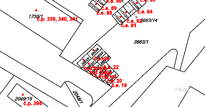 Brňany 23, Vyškov na parcele st. 3663/9 v KÚ Vyškov, Katastrální mapa