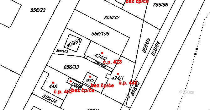 Hanušovice 423 na parcele st. 474/2 v KÚ Hanušovice, Katastrální mapa