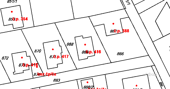 Průhonice 416 na parcele st. 869 v KÚ Průhonice, Katastrální mapa
