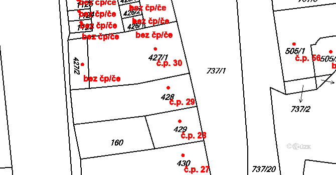 Olivětín 29, Broumov na parcele st. 428 v KÚ Broumov, Katastrální mapa