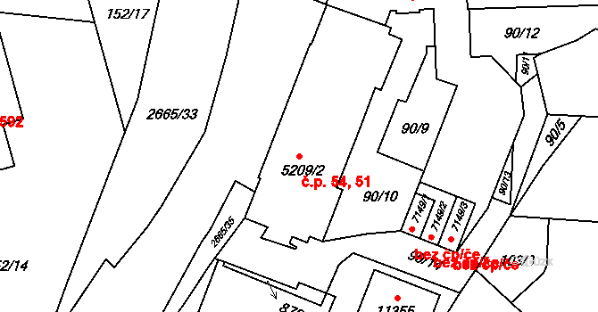 Zelené Předměstí 51,54, Pardubice na parcele st. 5209/2 v KÚ Pardubice, Katastrální mapa