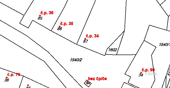 Sebranice 34 na parcele st. 87 v KÚ Sebranice u Boskovic, Katastrální mapa