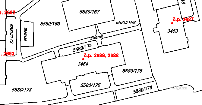 Žatec 2688,2689 na parcele st. 3464 v KÚ Žatec, Katastrální mapa