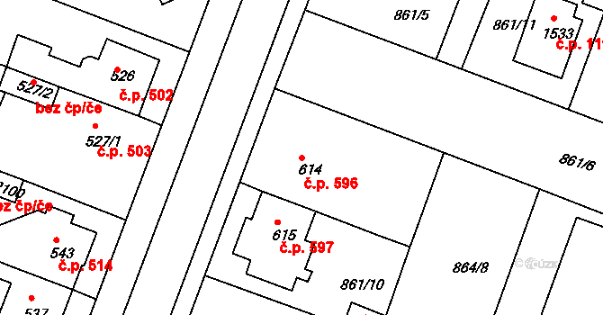 Bystřice pod Hostýnem 596 na parcele st. 614 v KÚ Bystřice pod Hostýnem, Katastrální mapa
