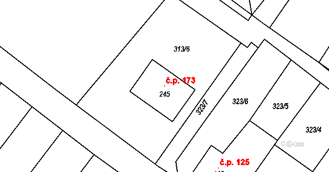 Střelice 173, Uničov na parcele st. 245 v KÚ Střelice u Litovle, Katastrální mapa
