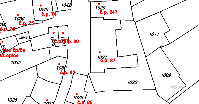 Plumlov 87 na parcele st. 1021 v KÚ Plumlov, Katastrální mapa