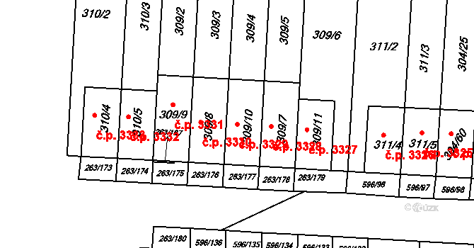 Znojmo 3329 na parcele st. 309/10 v KÚ Znojmo-Louka, Katastrální mapa