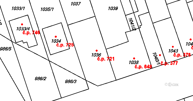 Lužice 721 na parcele st. 1036 v KÚ Lužice u Hodonína, Katastrální mapa