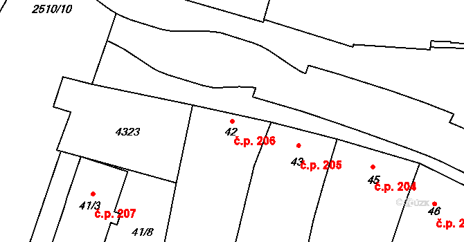 Kyjov 206 na parcele st. 42 v KÚ Kyjov, Katastrální mapa