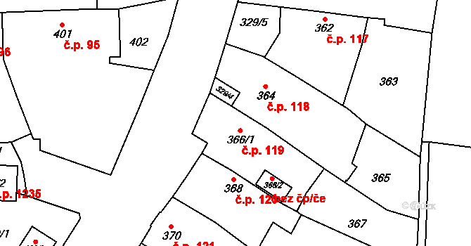 Kosmonosy 119 na parcele st. 366/1 v KÚ Kosmonosy, Katastrální mapa