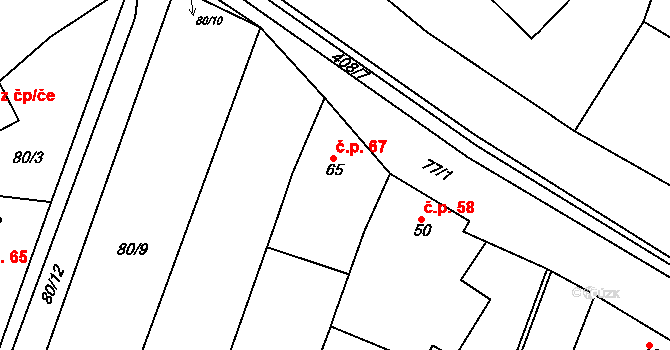 Podolí 67, Bouzov na parcele st. 65 v KÚ Podolí u Bouzova, Katastrální mapa