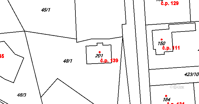 Kladeruby 139 na parcele st. 201 v KÚ Kladeruby, Katastrální mapa