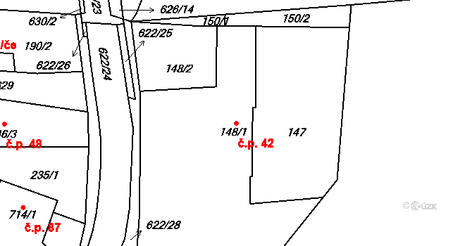 Milíčeves 42, Slatiny na parcele st. 148/1 v KÚ Milíčeves, Katastrální mapa