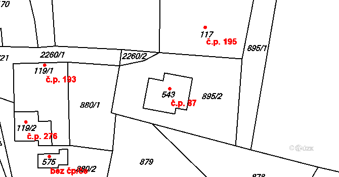 Třebařov 87 na parcele st. 543 v KÚ Třebařov, Katastrální mapa