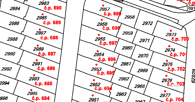 Jundrov 696, Brno na parcele st. 2954 v KÚ Jundrov, Katastrální mapa