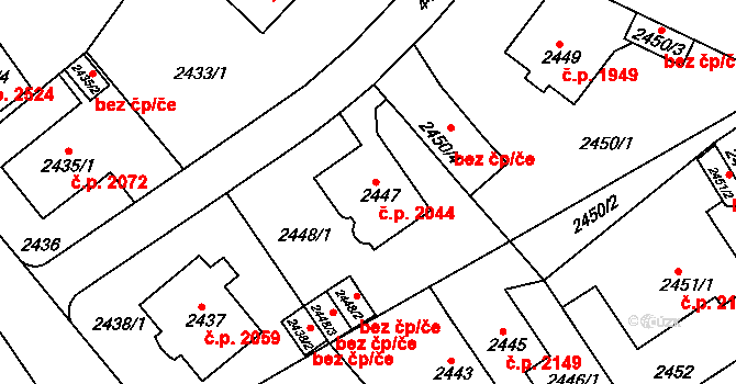 Teplice 2044 na parcele st. 2447 v KÚ Teplice, Katastrální mapa